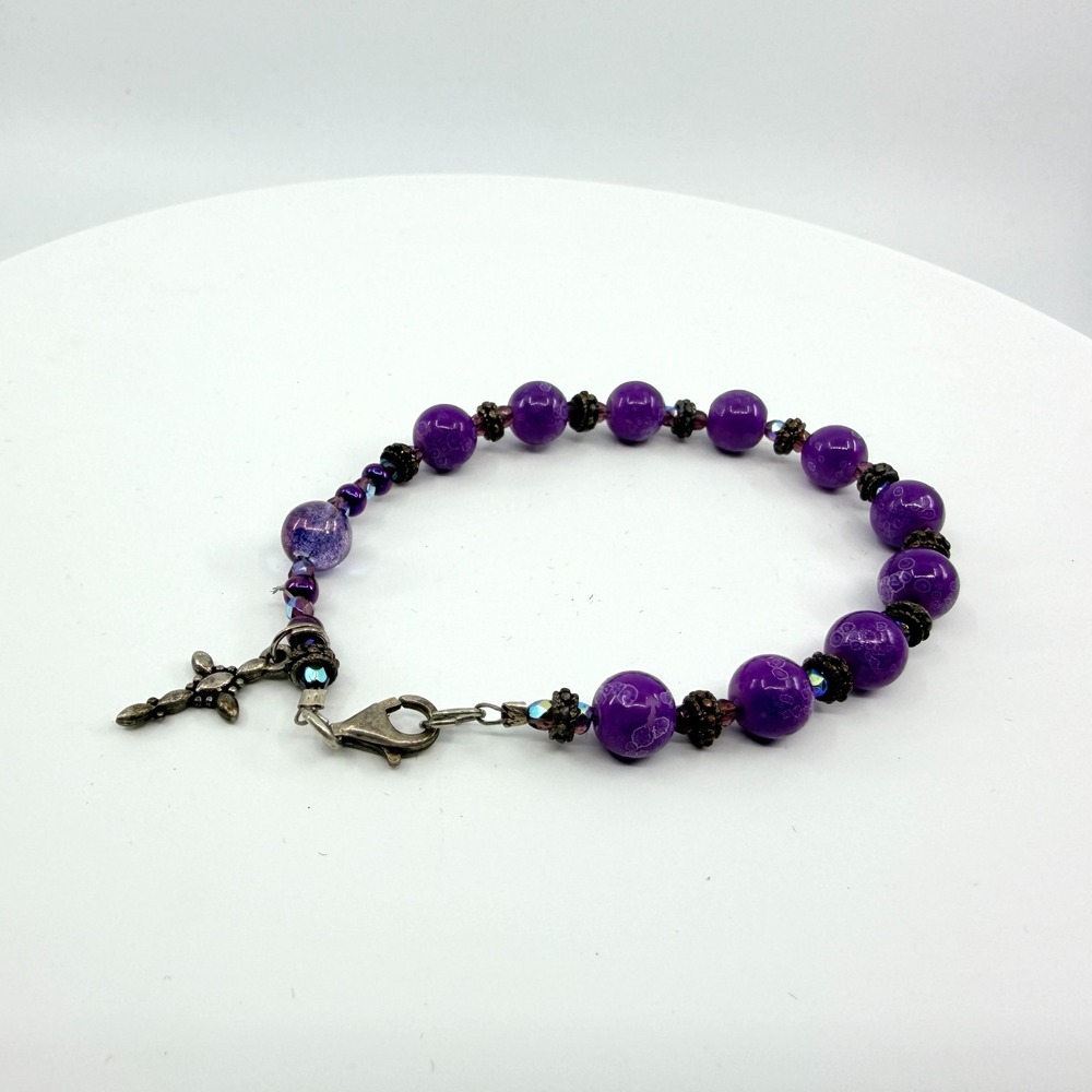 Vintage Gothic Purple Stone Cross Beaded Bracelet Retro Charm